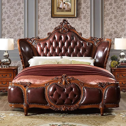 Bedroom Leather Wood Retro Bed 