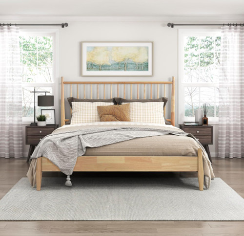 Platform Bed, Full, Natural ,Mid-Century Modern Look